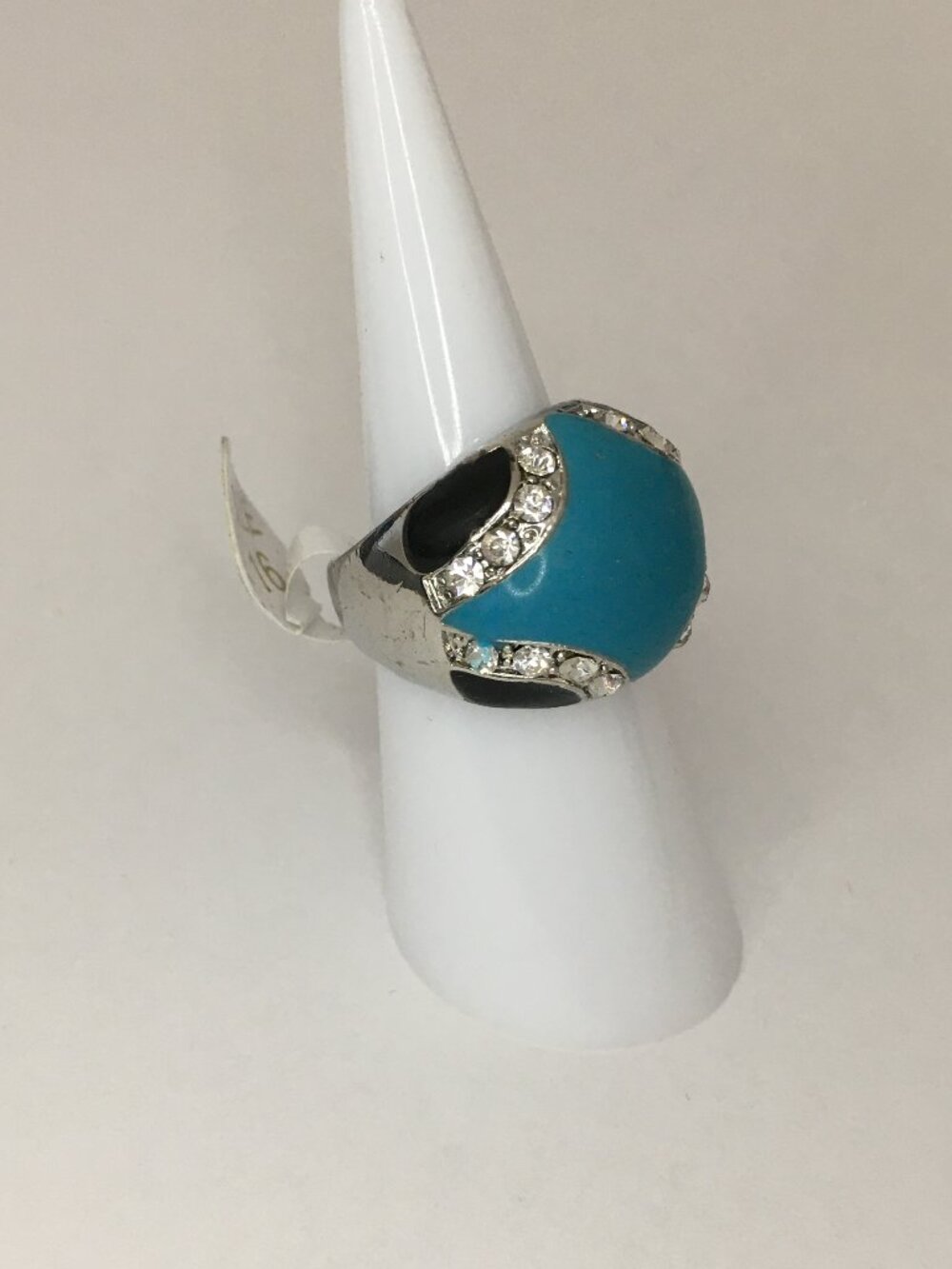 NEW Silver Band Black Turquoise Enamel Lacquer Rhinestone Jewelry Ring